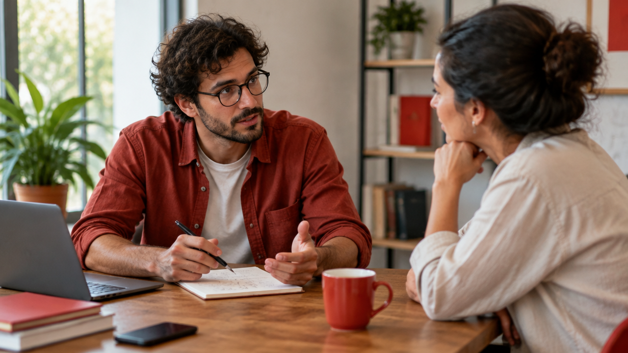 Fundador entrevista uma cliente para compreender os problemas e validar uma solução de software.