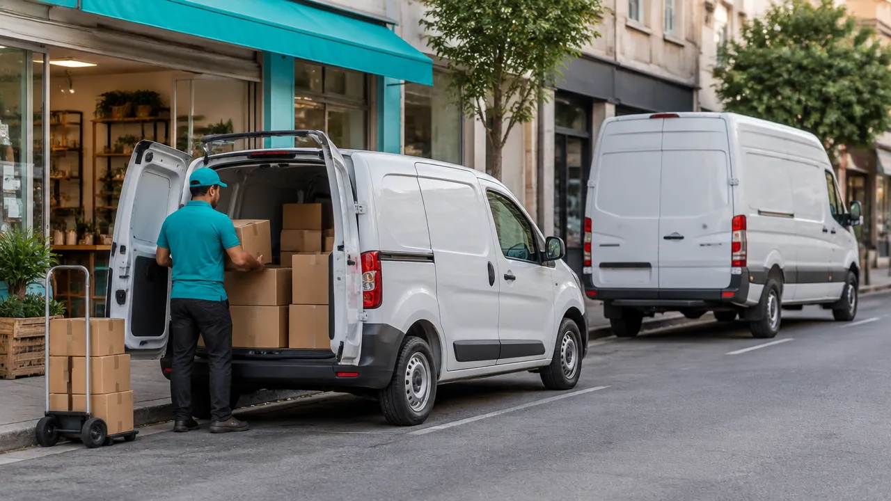 Furgões comerciais de portes diferentes em contexto urbano de entregas