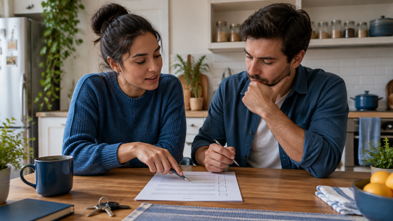 Futuros colegas de casa conversam sobre hábitos e acordos usando um questionário simples na cozinha