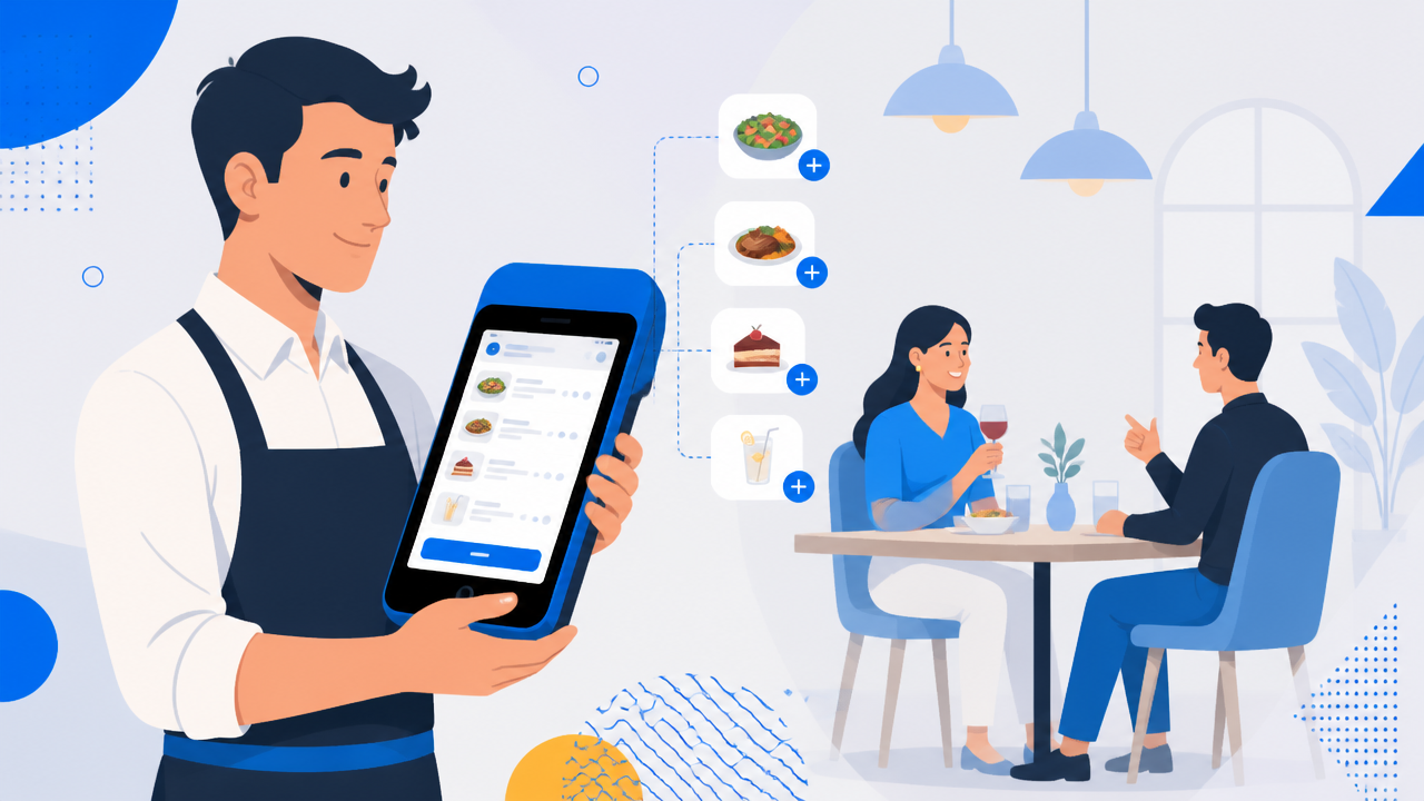 Garçom lançando pedidos e consumo em comanda eletrônica na maquininha smart POS.