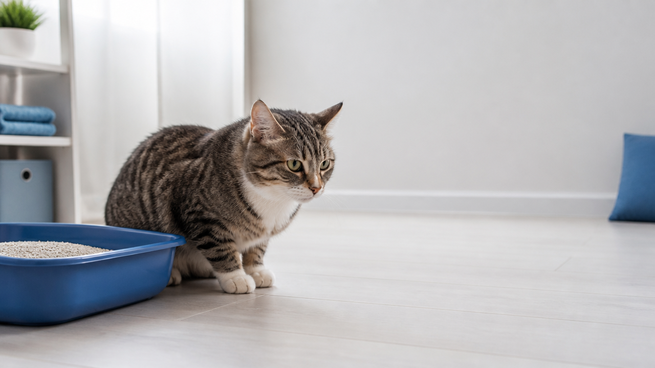 Gato ao lado da caixa de areia com postura cautelosa e possível desconforto ao se movimentar