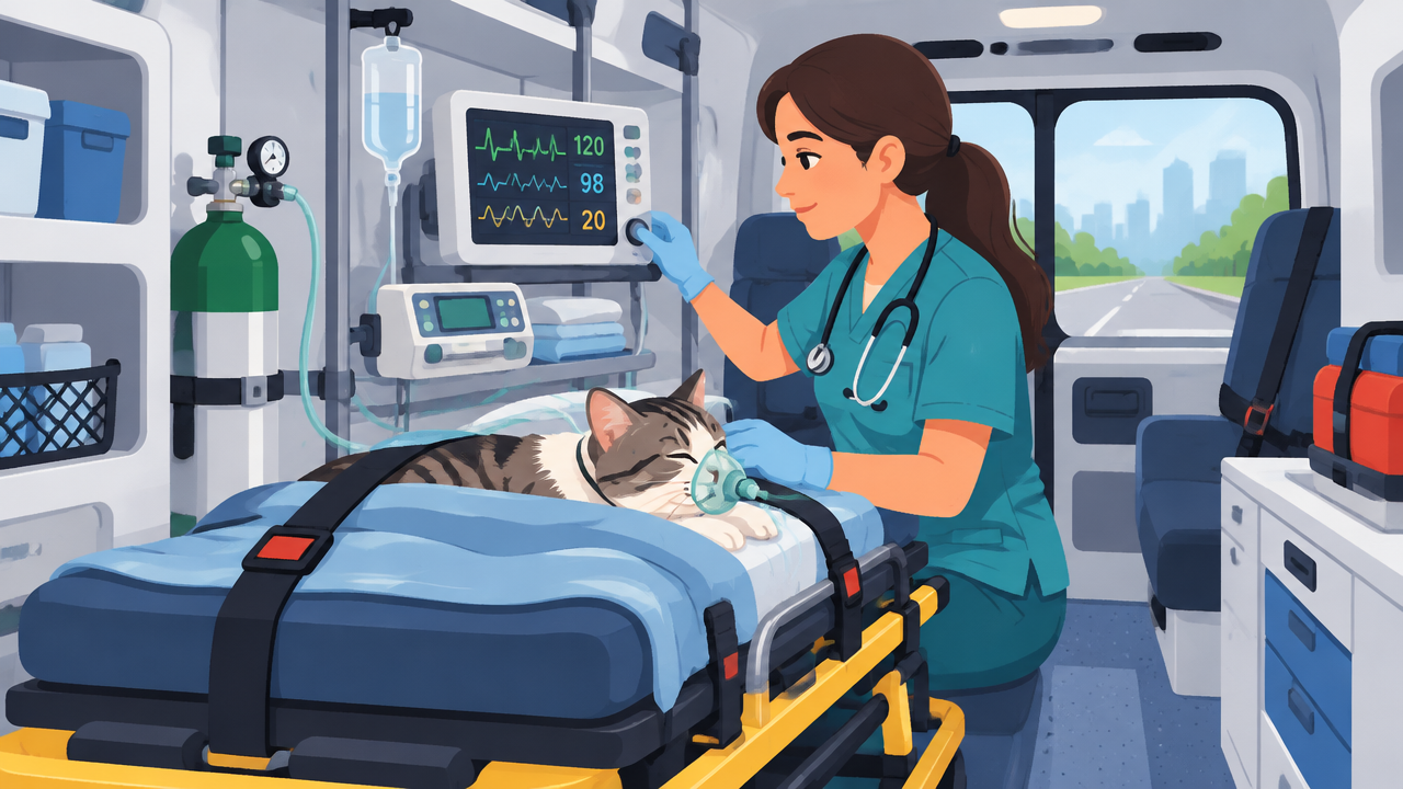 Gato monitorado e recebendo suporte de oxigênio durante transporte veterinário assistido.