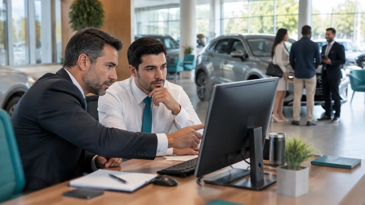 Gerente acompanha uma conversa comercial sobre alternativas de leasing e financiamento na concessionária