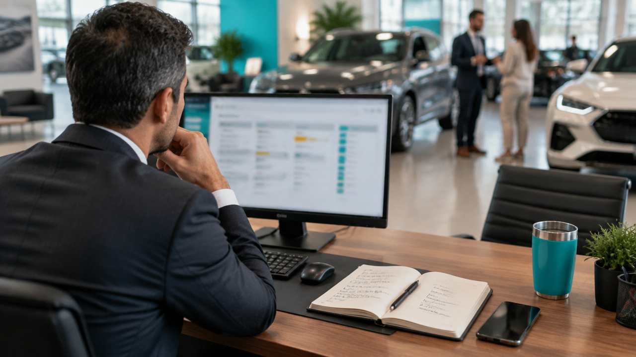 Gerente comercial de concessionária revisa anotações e informações de oportunidades em um CRM