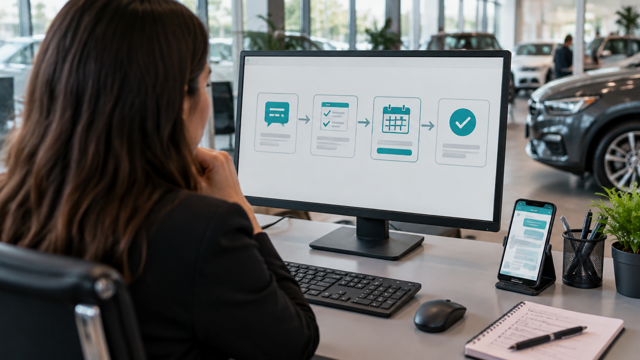 Gerente de BDC revisa em uma tela o fluxo de qualificação de leads e marcação de visitas à concessionária