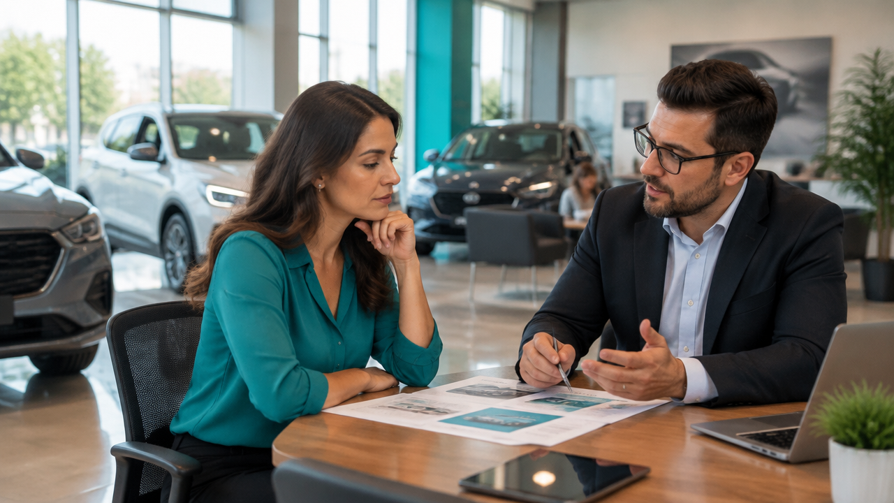Gerente de concessionária conversa com cliente para entender prazo e capacidade de compra