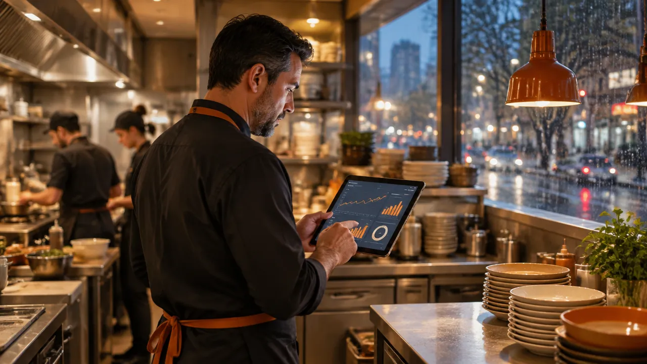 Gerente de delivery consulta tendências de pedidos no tablet durante uma noite chuvosa