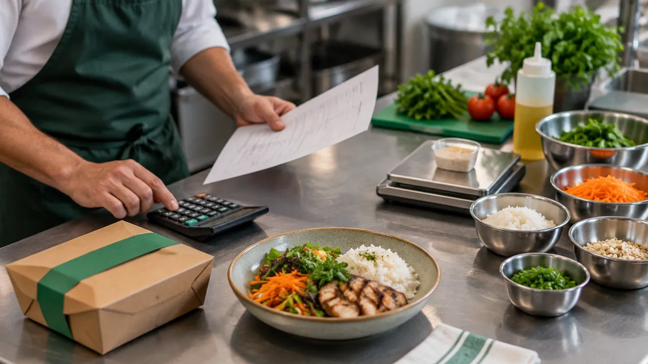 Gerente de restaurante calcula custos de ingredientes e embalagem para precificar um prato de delivery