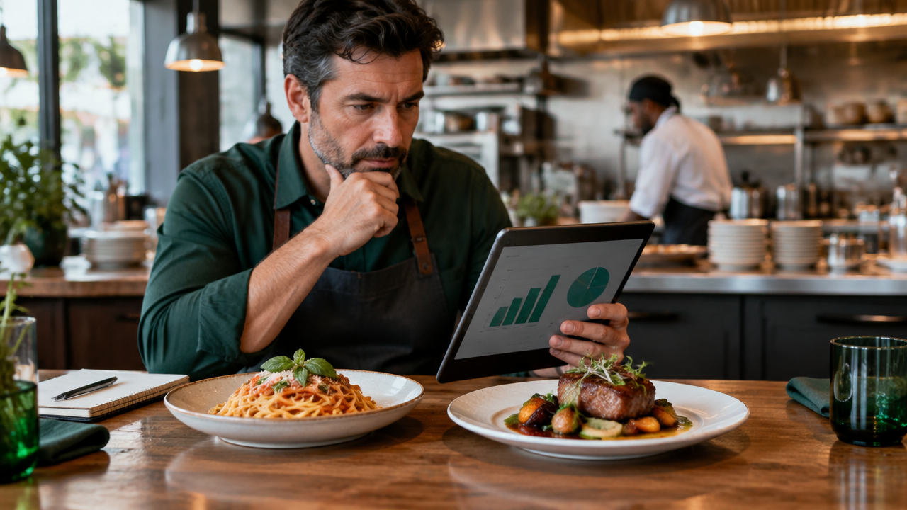 Gerente de restaurante compara pratos e dados de vendas para avaliar popularidade e margem