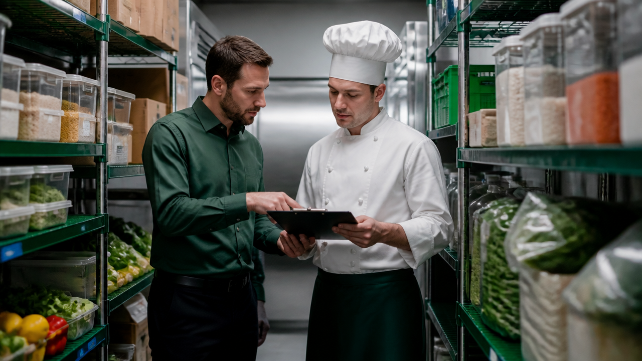 Gerente e chef revisando reposição de insumos críticos no estoque do restaurante