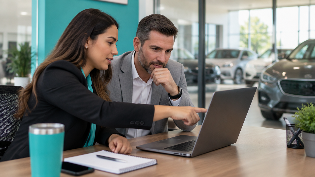 Gerente e consultora revisam uma conversa comercial para organizar o follow-up de leads de seminovos