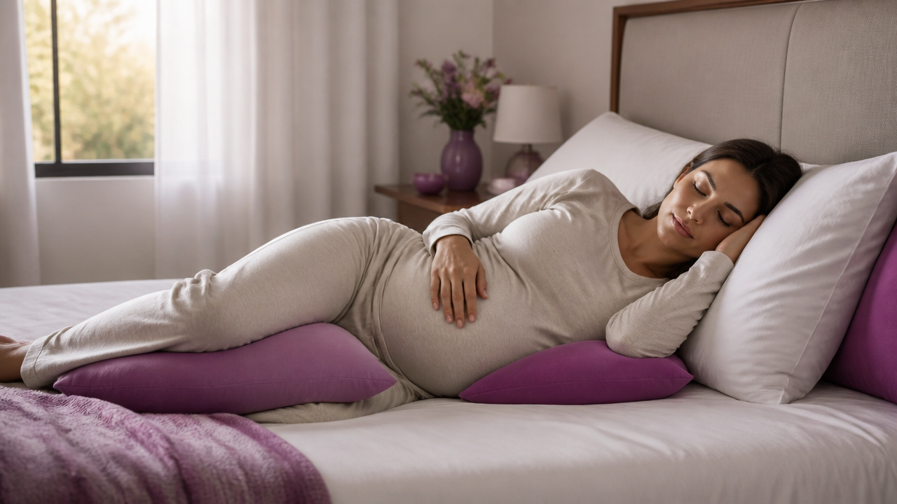 Gestante dormindo de lado com travesseiros apoiando a barriga e as pernas