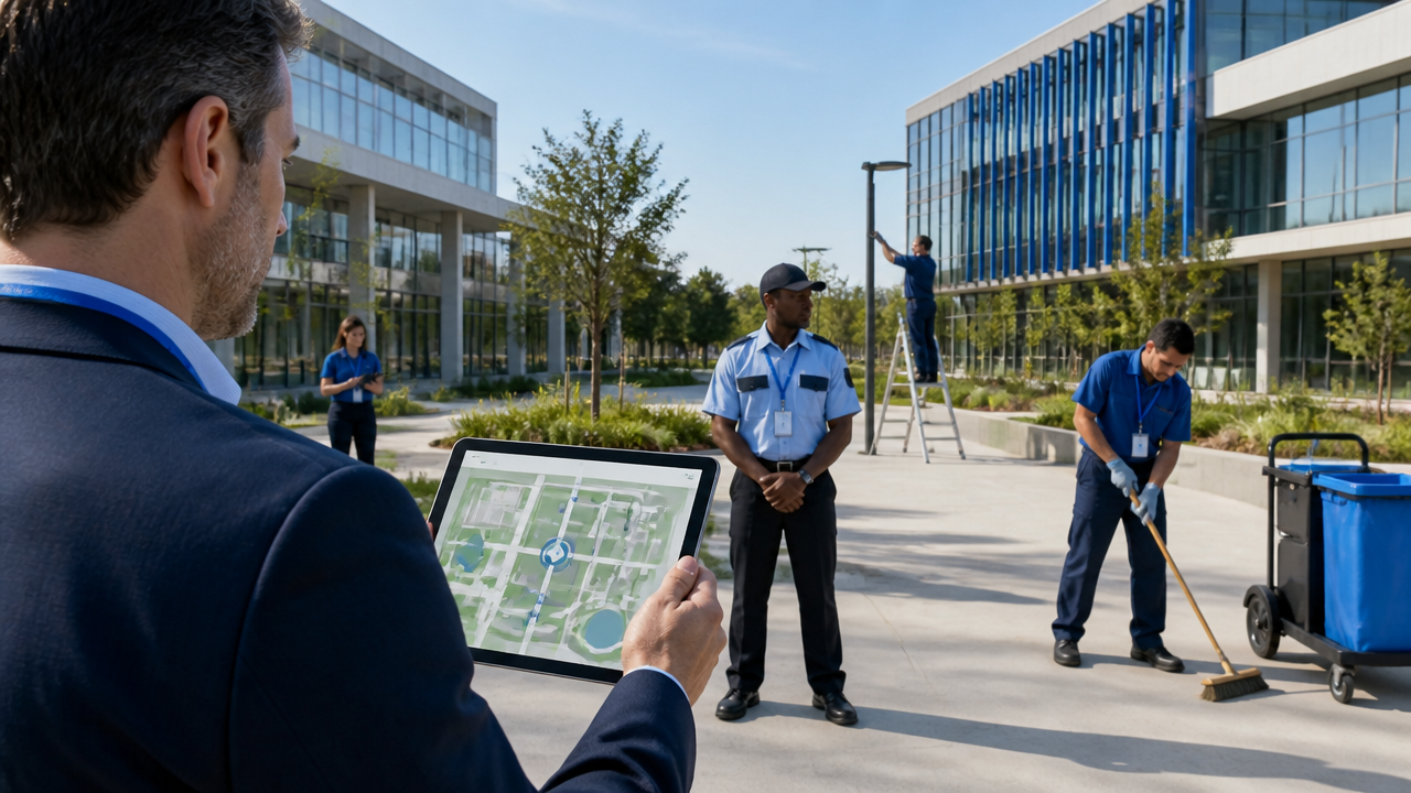 Gestor acompanha equipes operacionais em um campus universitário por meio de mapa digital em tablet