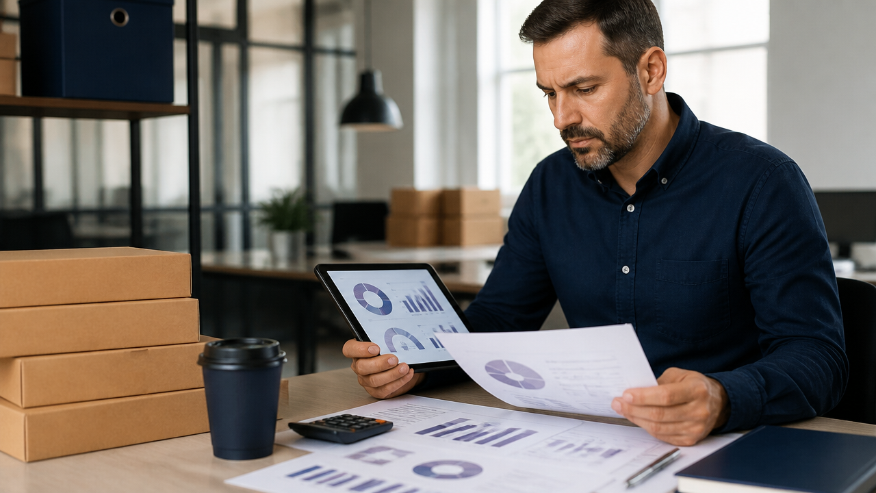 Gestor analisando custos, comissão e recompra do delivery em planilhas e tablet