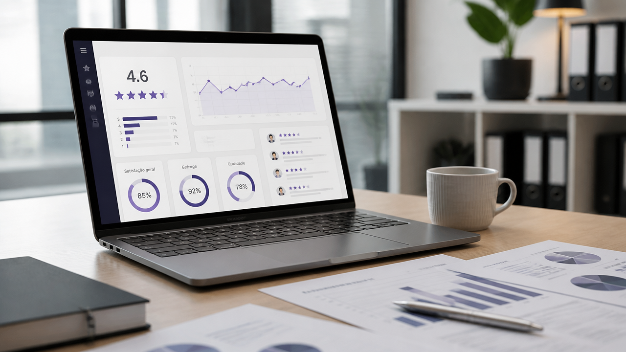 Gestor analisando indicadores de avaliações e satisfação do delivery em um painel no notebook