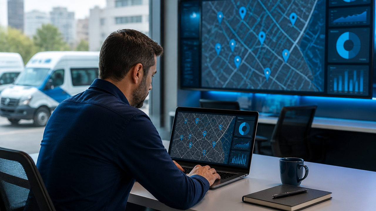 Gestor analisando mapa com localização de veículos em central de operações de frota