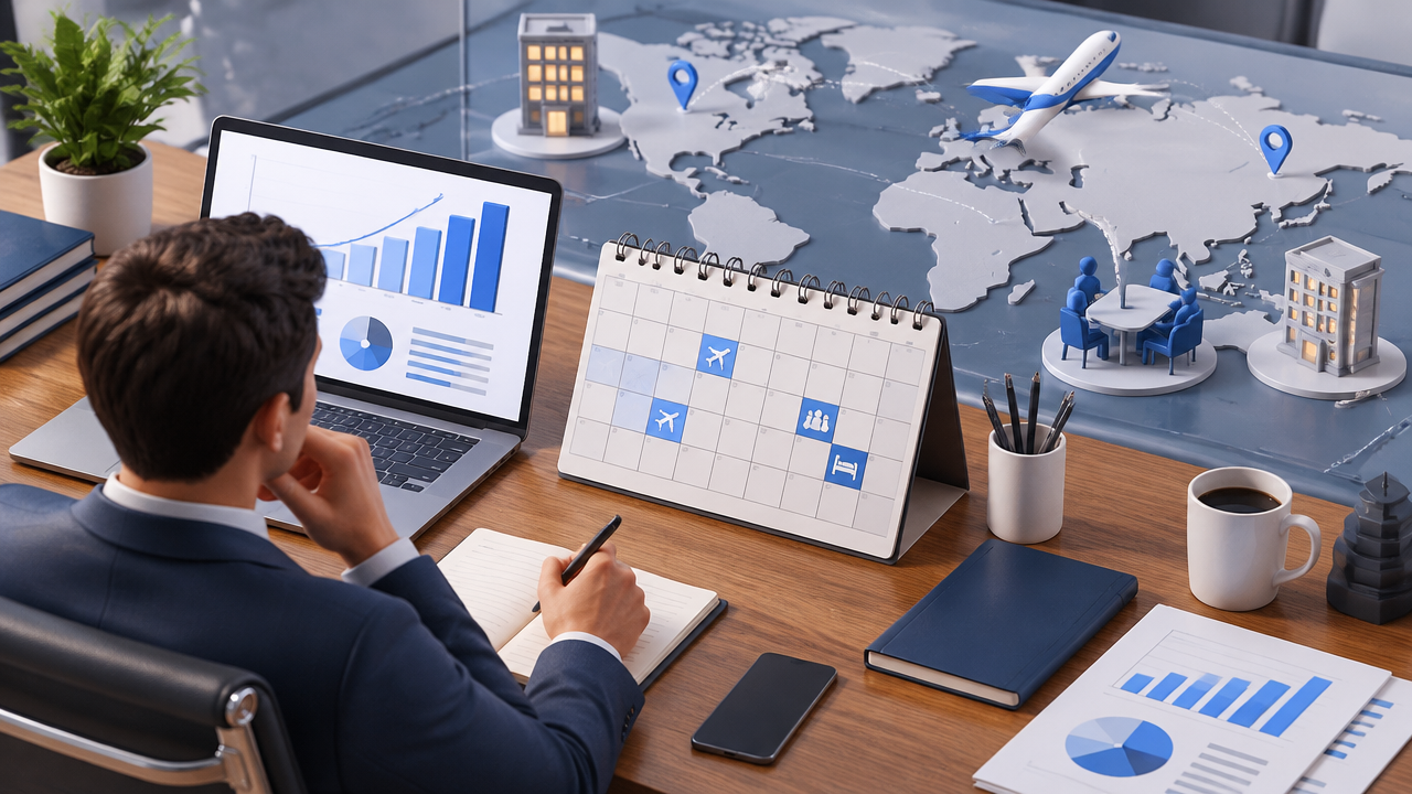 Gestor analisando projeções, calendário e orçamento de viagens corporativas