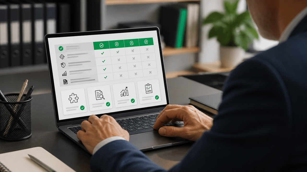 Gestor avaliando critérios de escolha de um software de gestão da qualidade em um laptop
