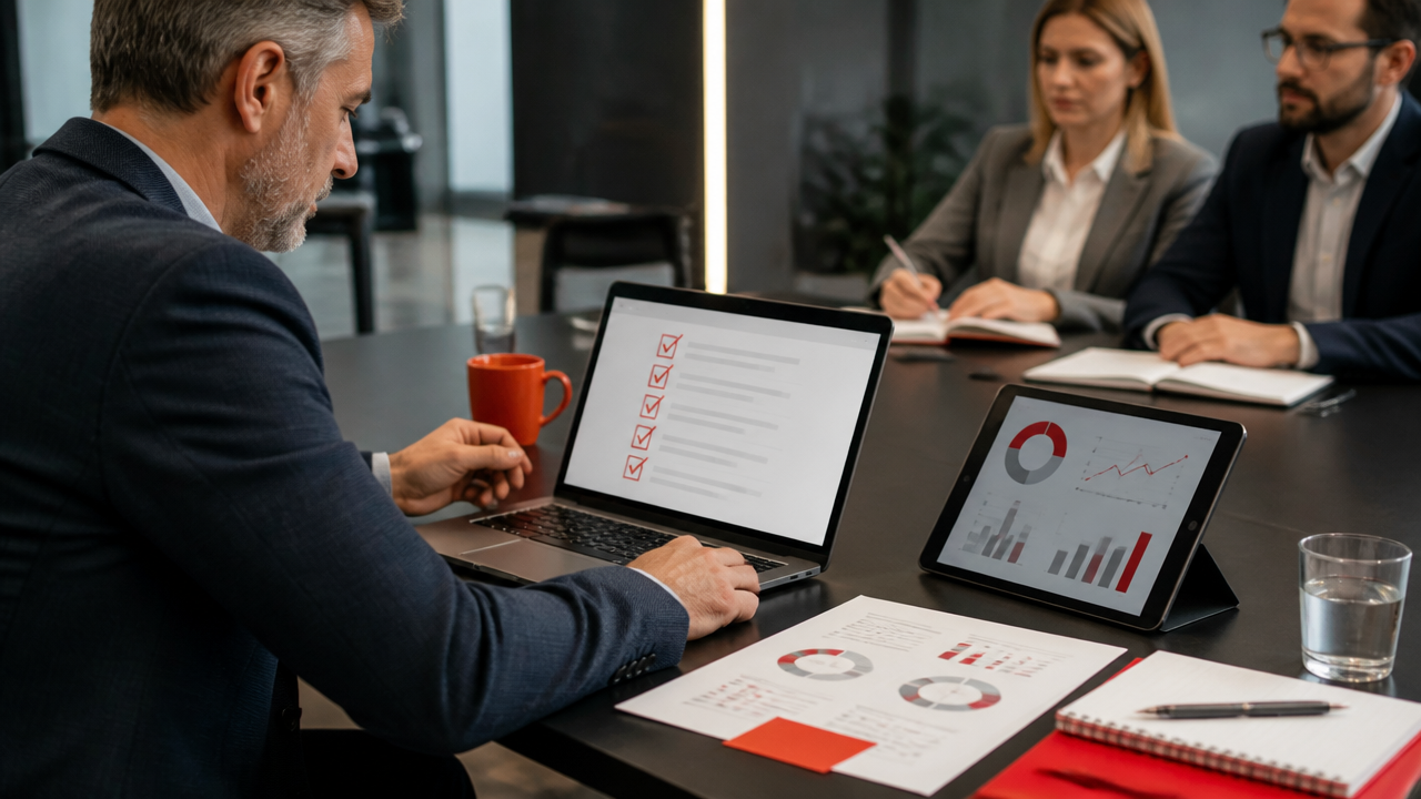 Gestor avaliando critérios de escolha de uma plataforma SaaS em notebook e tablet durante reunião
