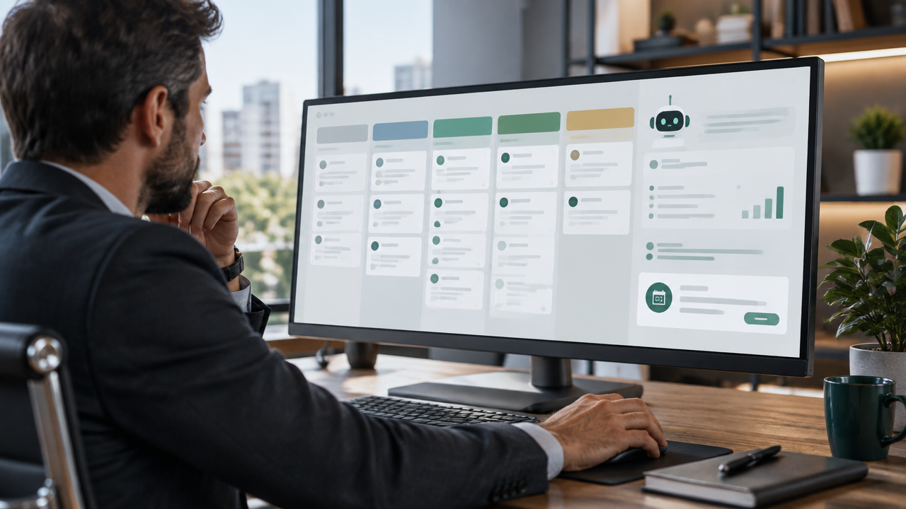 Gestor comercial supervisiona sugestões de IA e próximas ações dentro do CRM