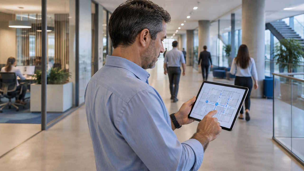 Gestor consulta uma planta digital em tablet em um corredor corporativo com colaboradores ao fundo