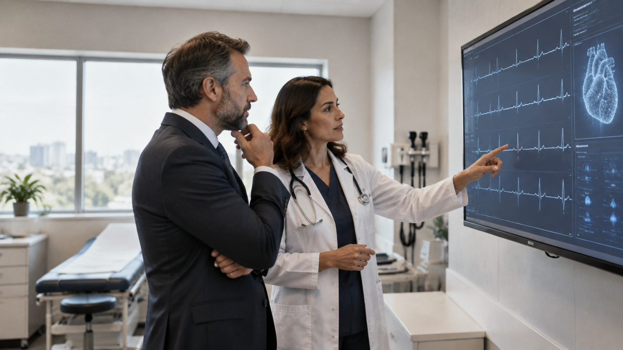 Gestor de clínica e cardiologista revisam traçados digitais de ECG com apoio de tecnologia de inteligência artificial