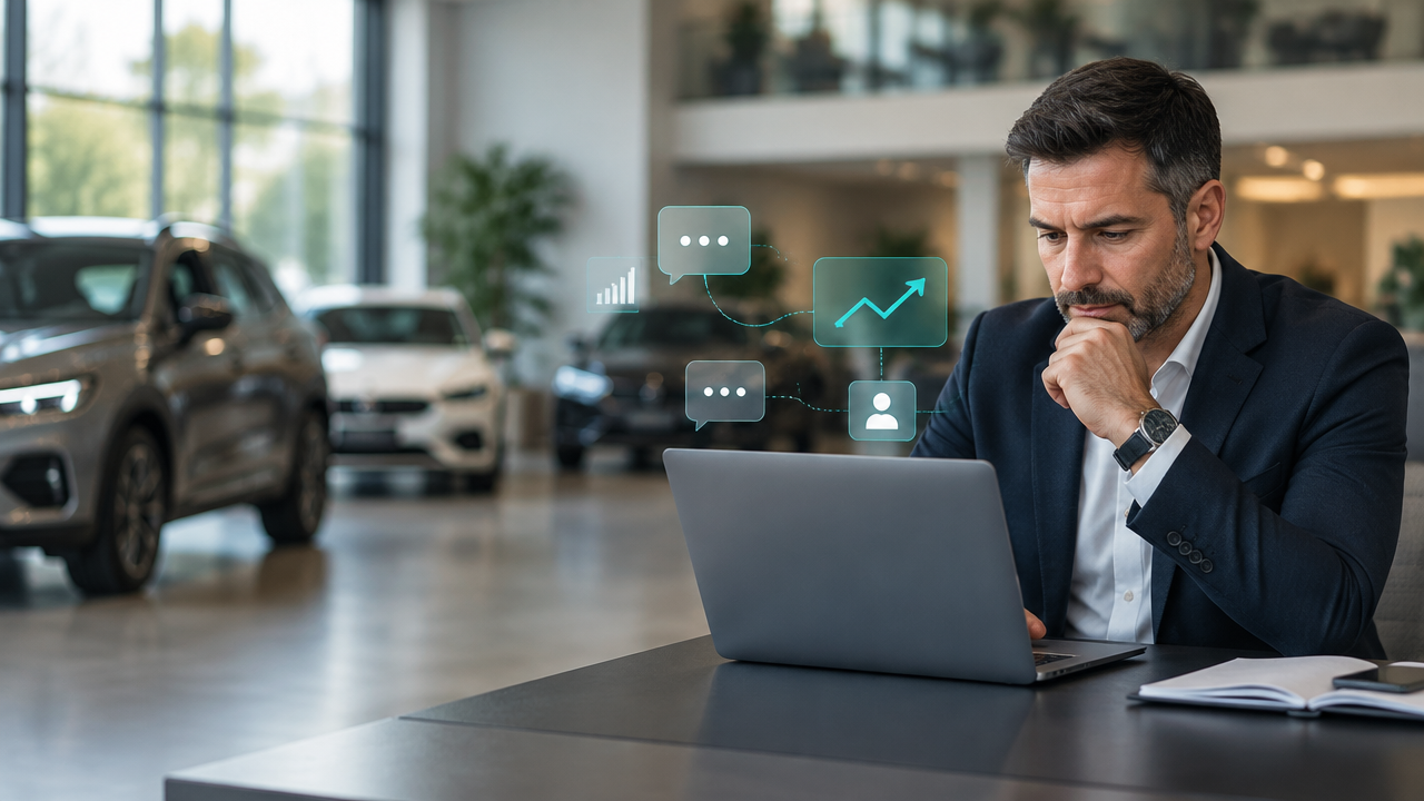 Gestor de concessionária analisa conversas de WhatsApp e indicadores comerciais em um notebook