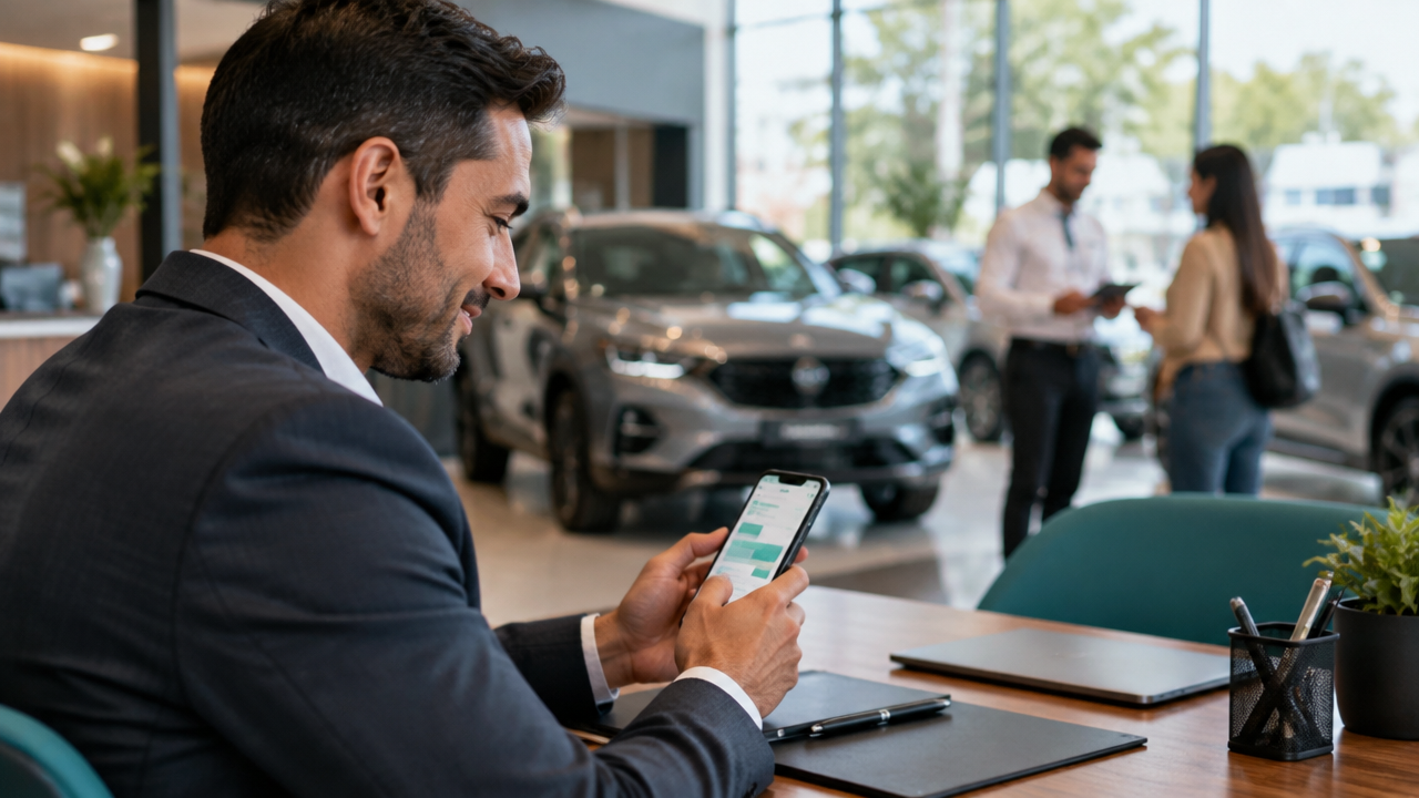 Gestor de concessionária analisa no celular uma conversa de atendimento enquanto vendedor conversa com cliente ao lado de um automóvel