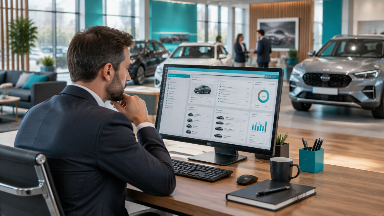 Gestor de concessionária consultando um sistema de gestão em um showroom automotivo