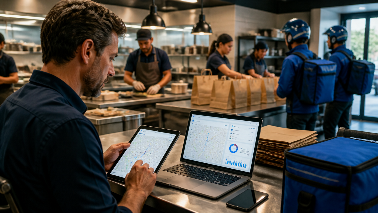 Gestor de delivery acompanhando operação e canal próprio em restaurante