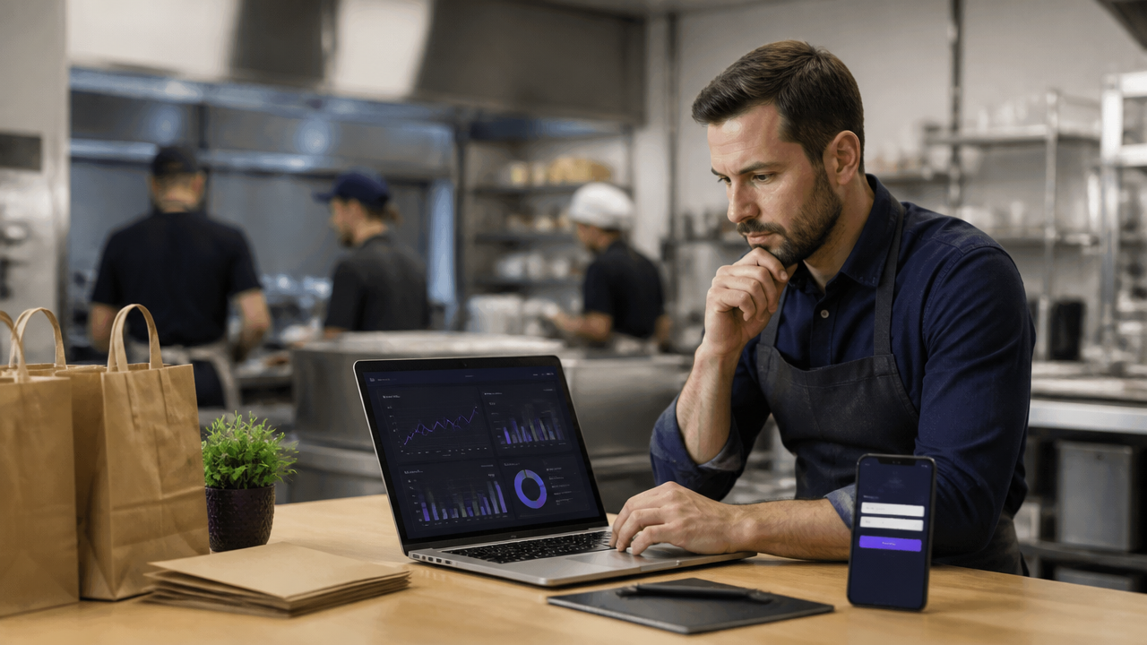 Gestor de delivery analisando custos e descontos em uma cozinha profissional
