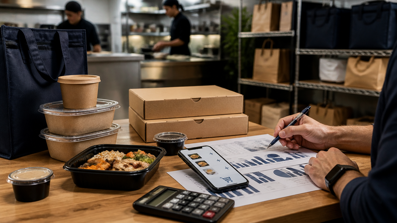 Gestor de delivery analisando pedidos, embalagens e métricas para aumentar o valor médio por compra