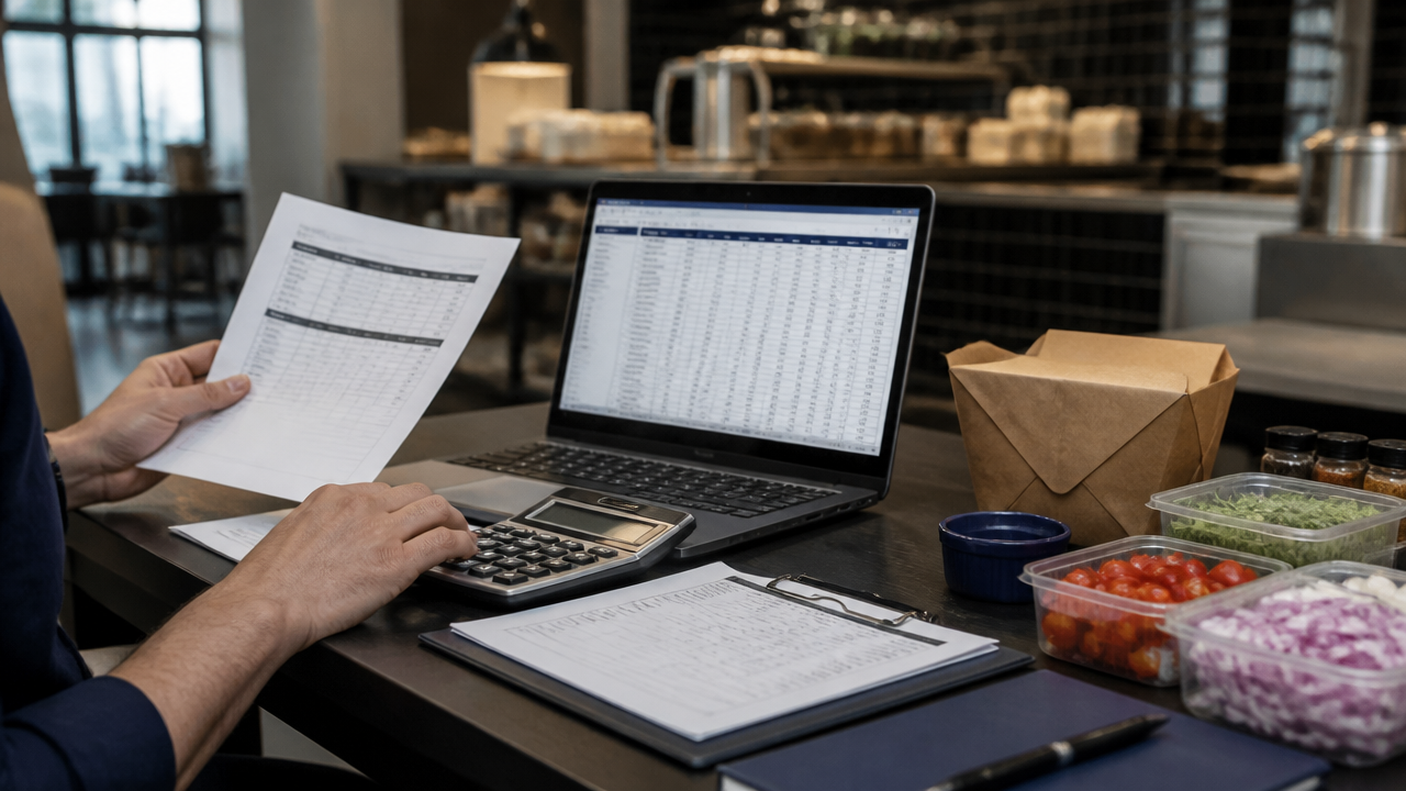 Gestor de delivery analisando custos, ficha técnica e planilha de precificação em uma mesa de trabalho.