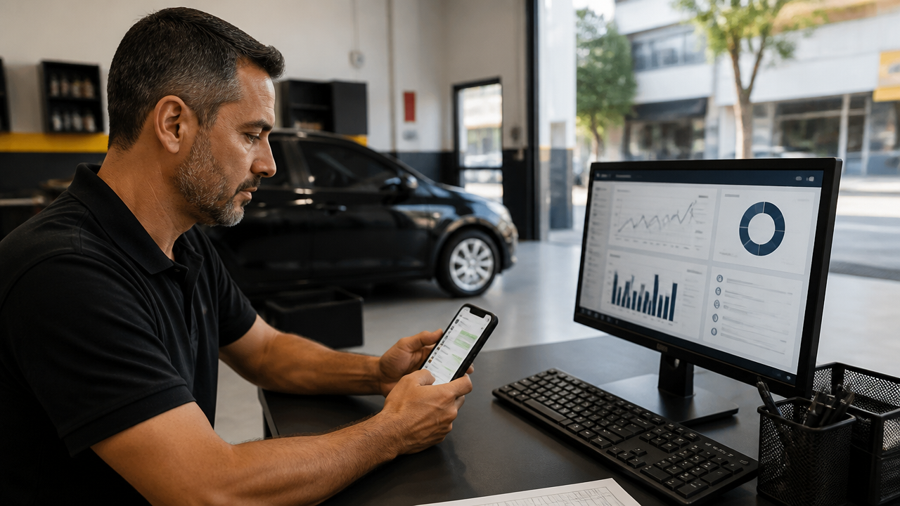 Gestor de oficina acompanhando contatos de campanhas locais pelo celular e computador
