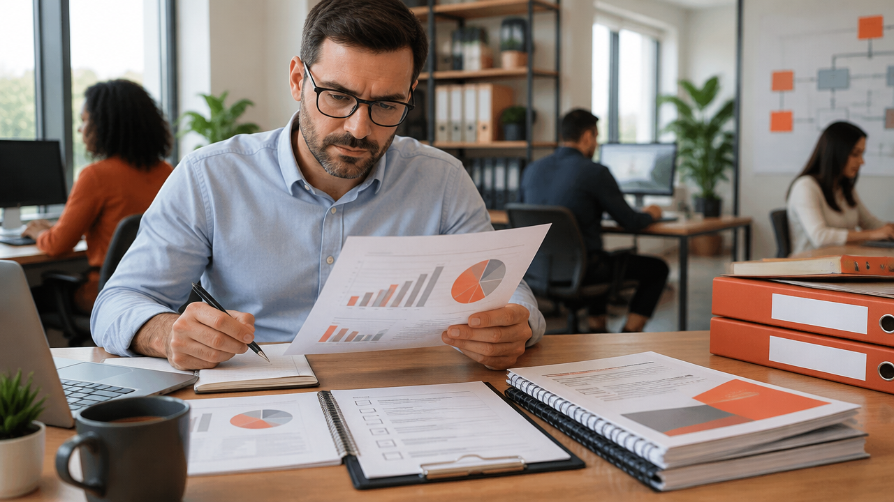Gestor de PME revisa indicadores financeiros e documentos organizados enquanto a equipe trabalha ao fundo.