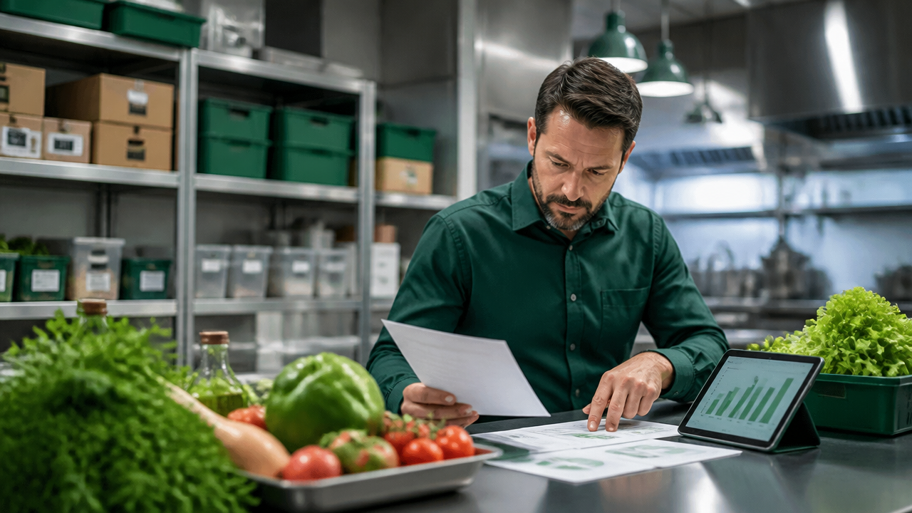 Gestor de restaurante analisando custos e estoque de insumos em cozinha profissional