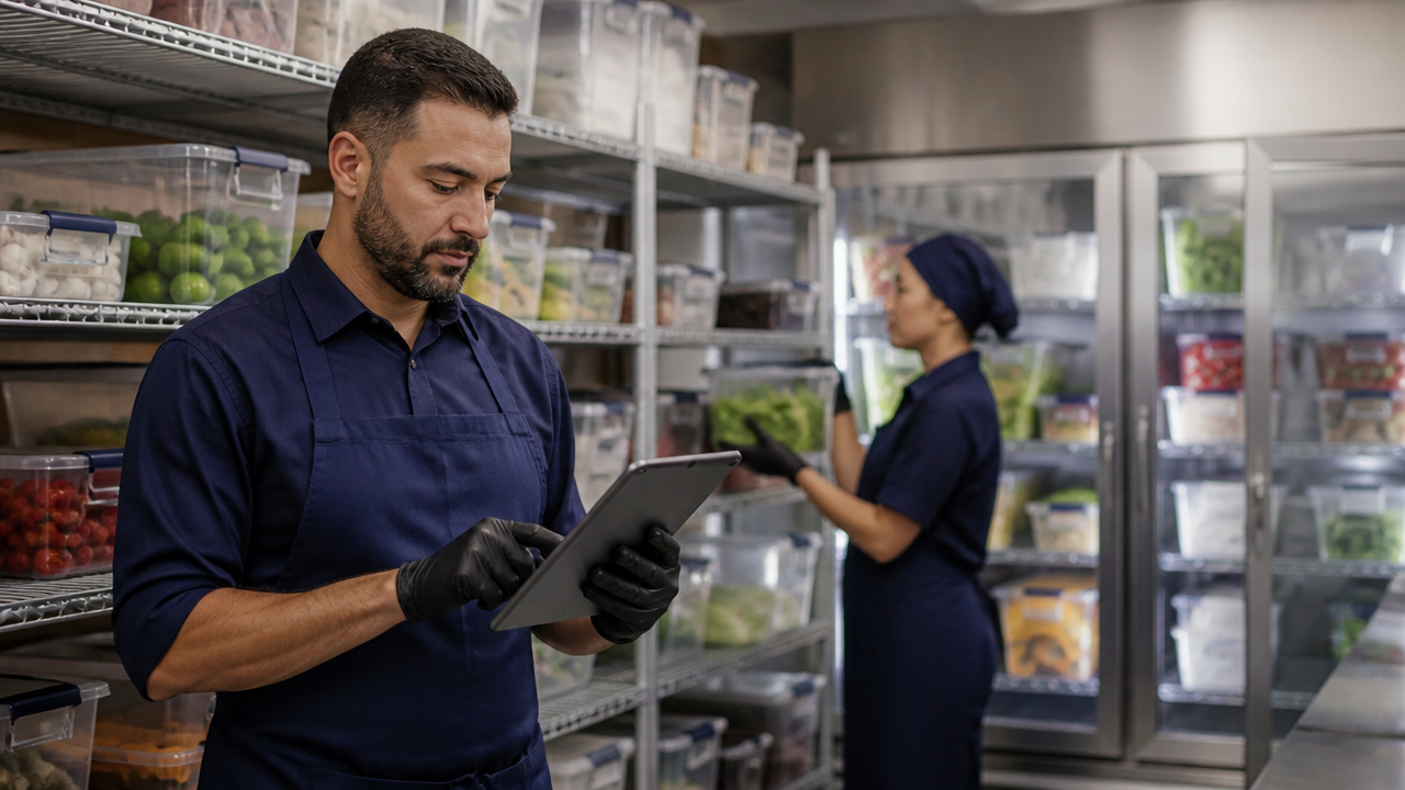 Gestor de restaurante conferindo estoque organizado em operação de delivery