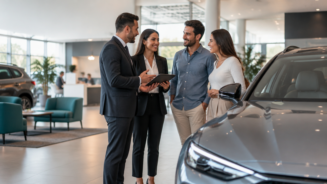 Gestor e consultora atendem um casal interessado em um carro novo no showroom de uma concessionária