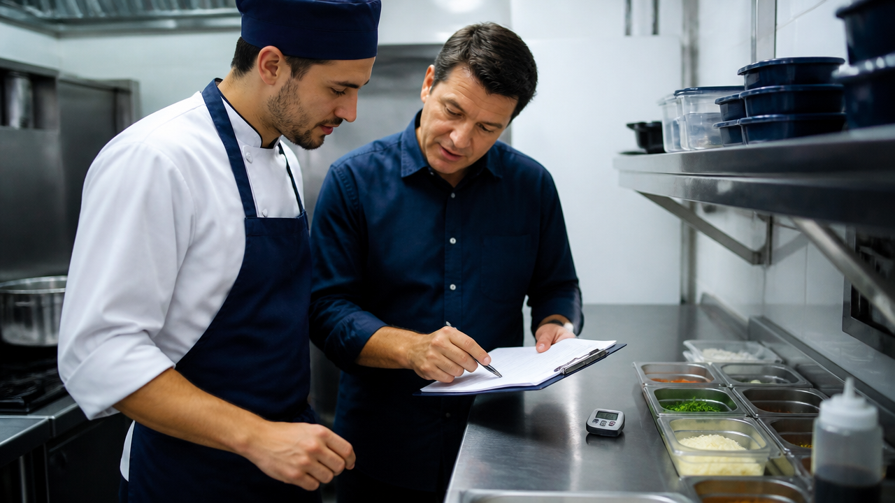 Gestor e cozinheiro revisando checklist operacional em cozinha de delivery organizada