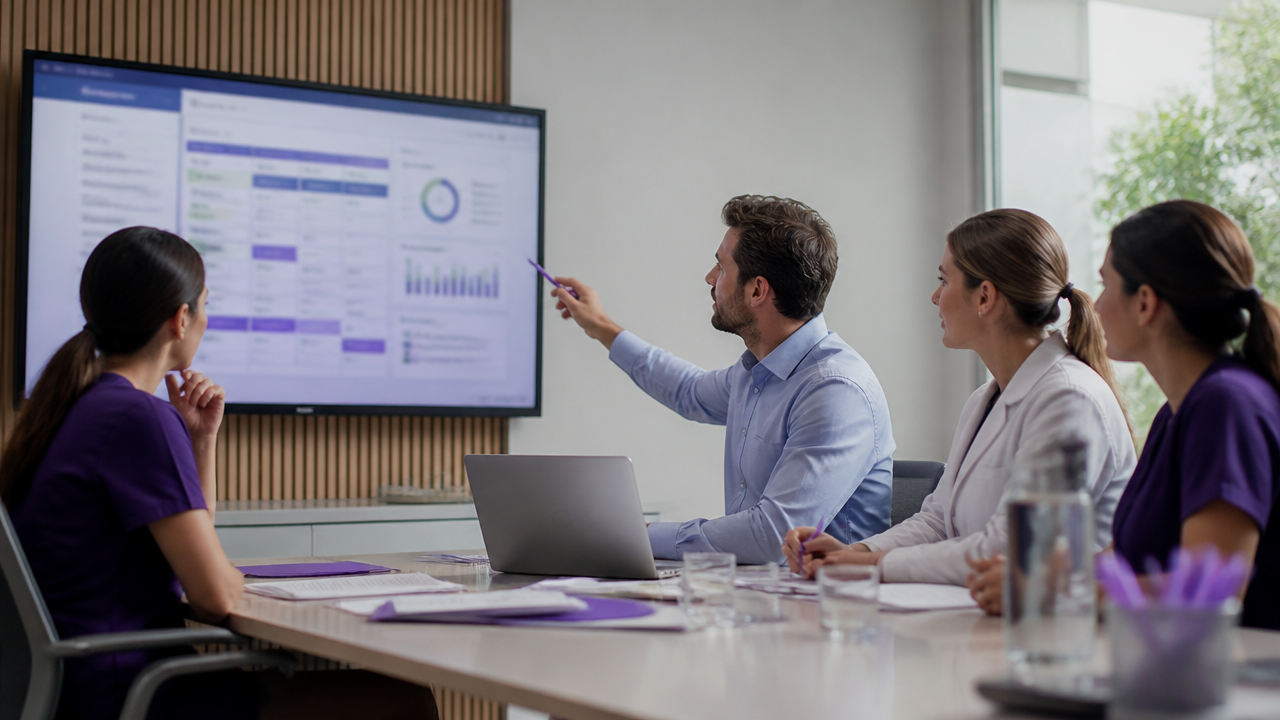 Gestor e equipe analisando dados operacionais de uma clínica em reunião