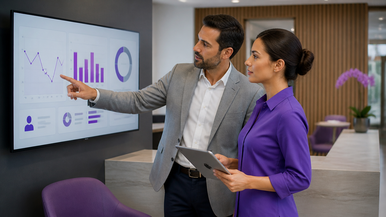 Gestor e recepcionista analisando indicadores de atendimento em clínica