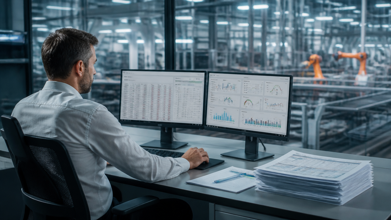 Gestor industrial diante de monitores e relatórios impressos em uma sala de controle de fábrica.