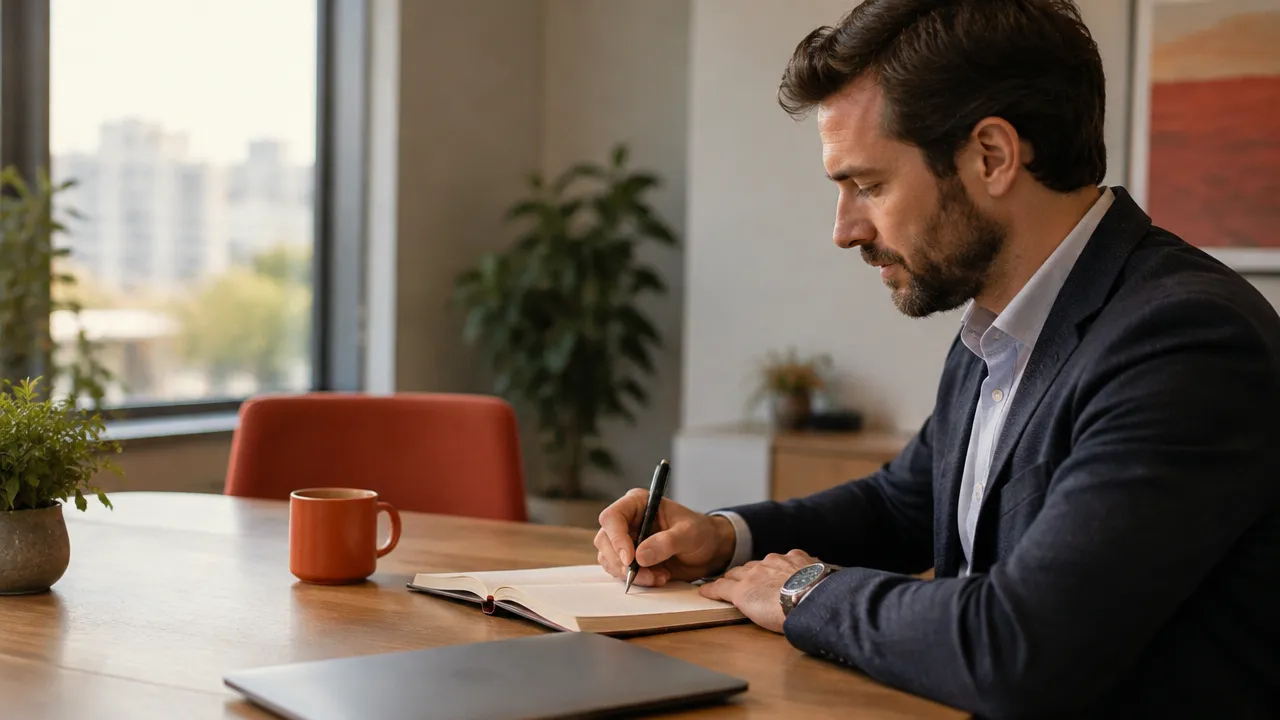 Gestor organiza os pensamentos e anota a intenção antes de uma conversa com a equipe.