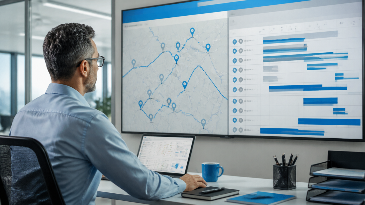 Gestor planejando rotas de transporte com horários definidos em painel digital