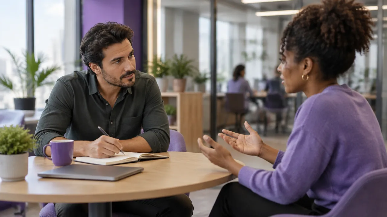 Gestor pratica escuta atenta em uma conversa individual com uma pessoa da equipe