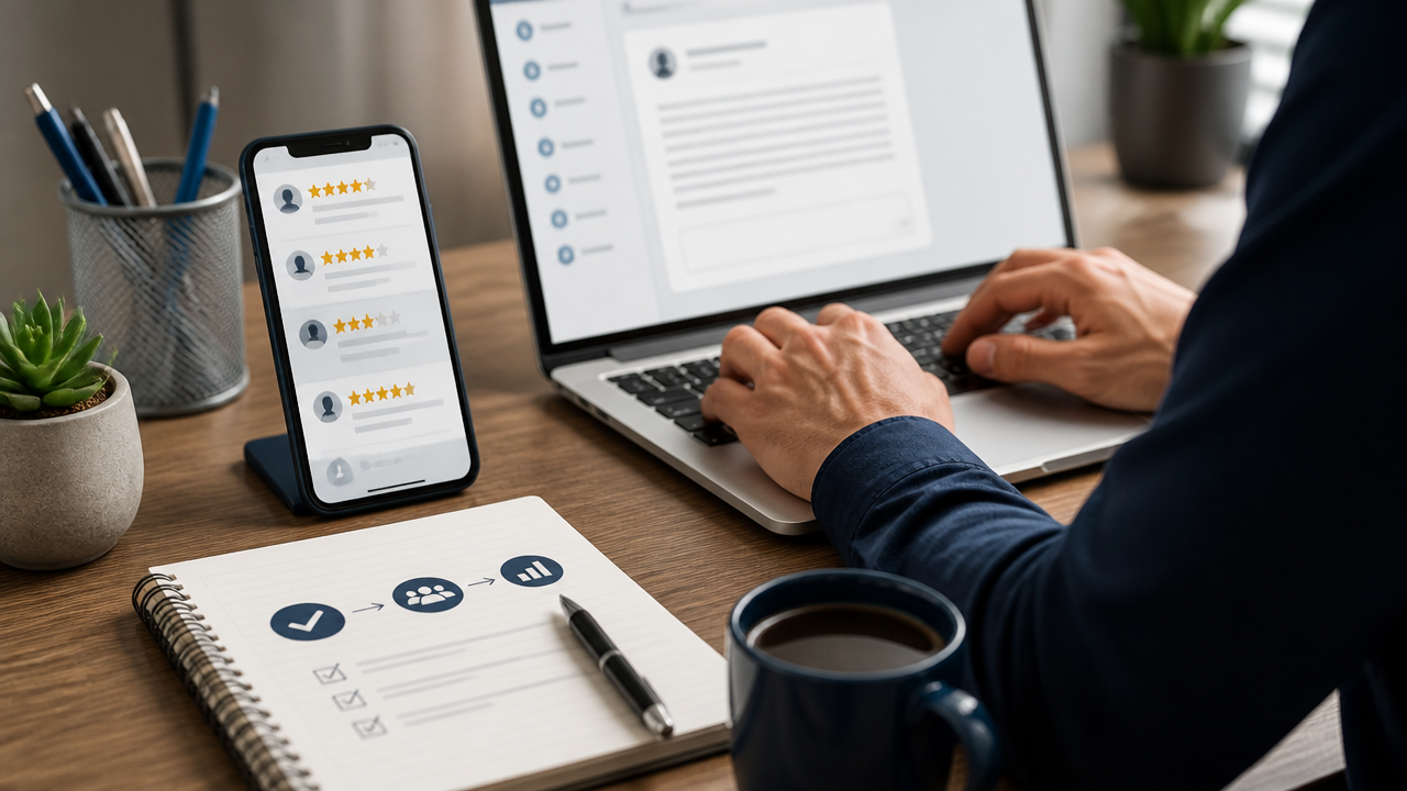 Gestor respondendo avaliações de clientes em notebook e smartphone com notas por estrelas