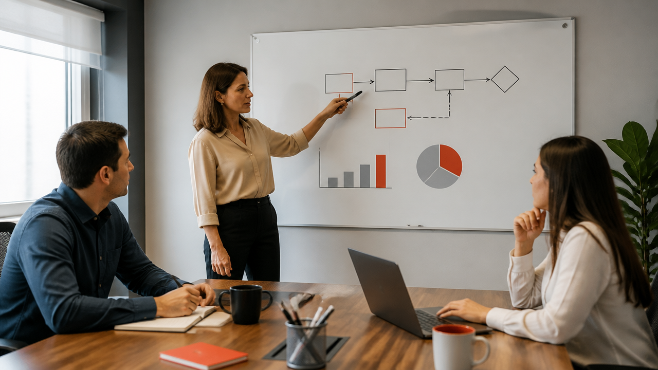 Gestora apresenta fluxo de trabalho e indicadores para equipe em reunião de treinamento