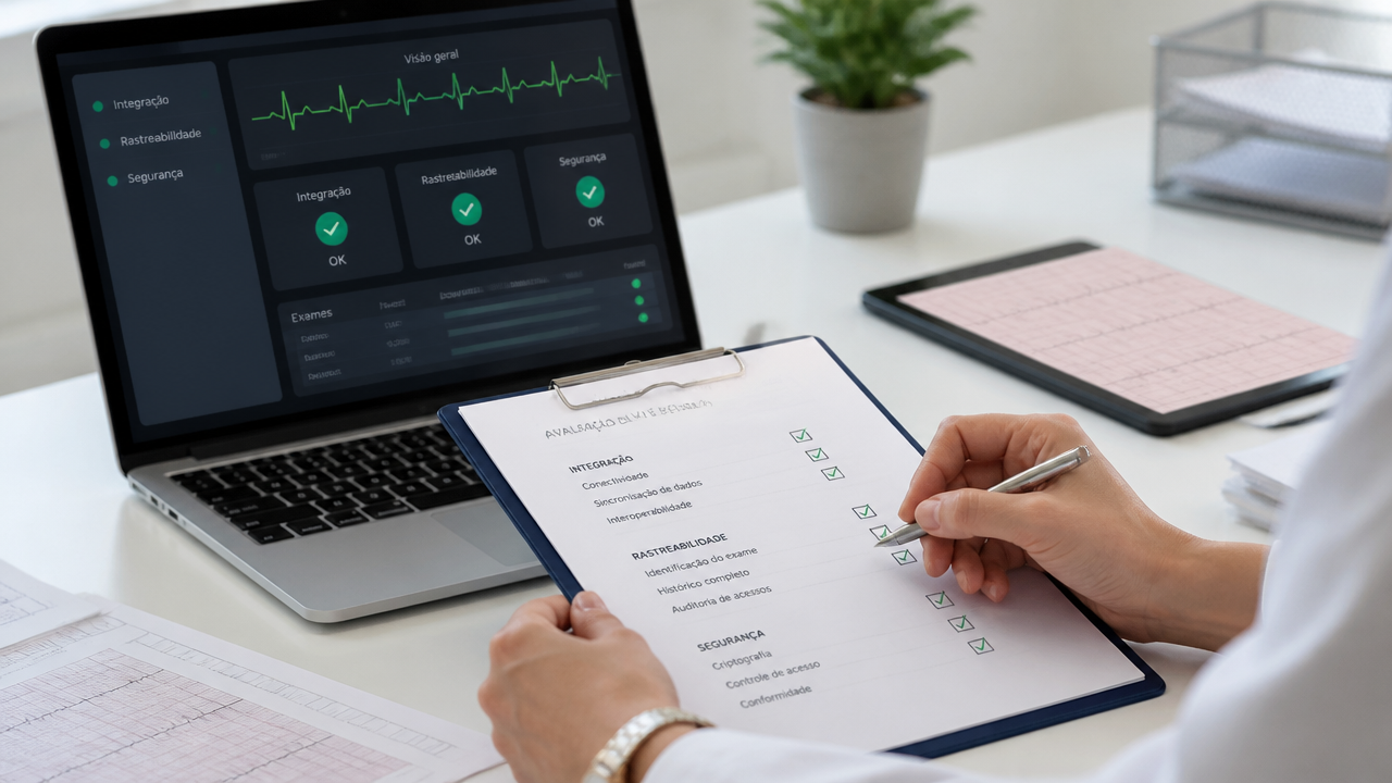 Gestora avaliando checklist de integração e segurança para sistemas de telecardiologia
