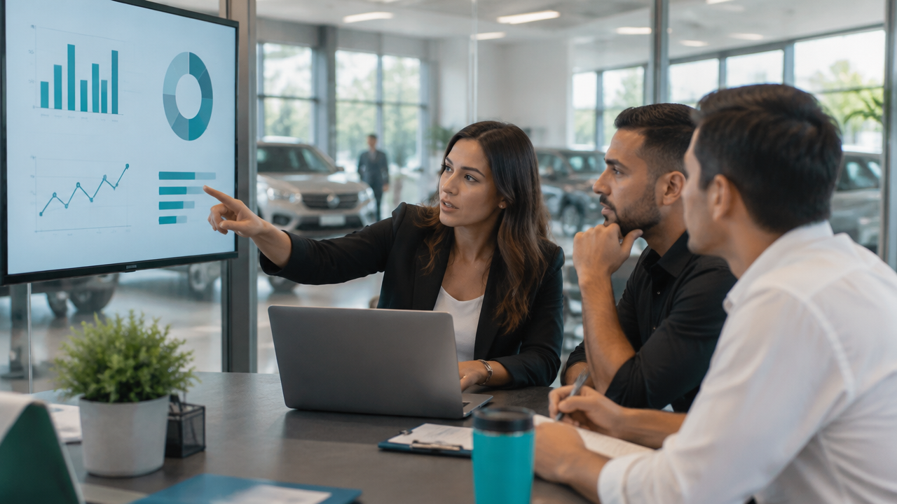 Gestora comercial analisa com vendedores indicadores de atendimento e oportunidades