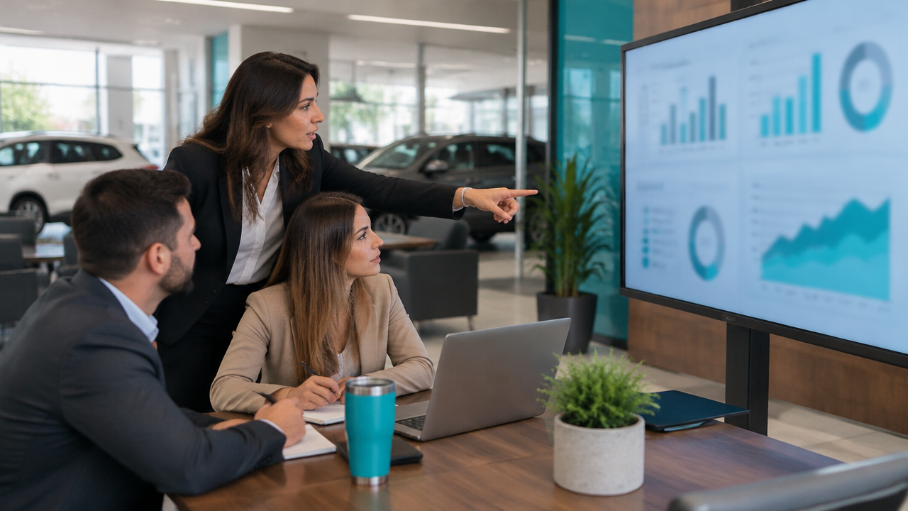 Gestora comercial revisa com a equipe as oportunidades e próximas ações de F&I.